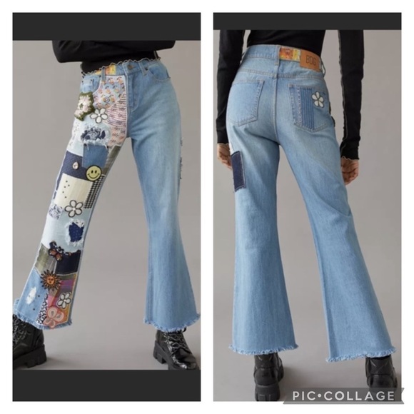 NWT Urban Outfitters BDG High Waisted Indigo Craft Patchwork Flare Jeans 24 - Picture 2 of 13